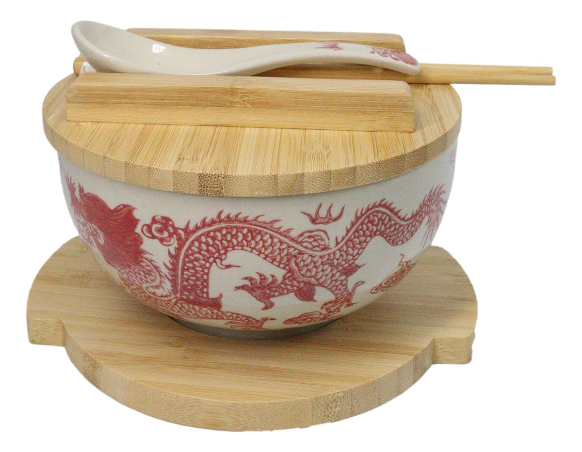 Red Ryu Dragon Design Donburi Ramen Bowl With Lid Trivet Spoon Chopsticks Set