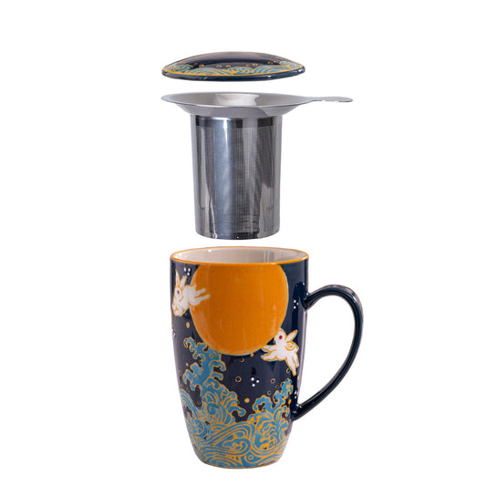 Blue Moon White Rabbit 15oz Porcelain Tea Mug With Lid & Stainless Steel Infuser