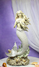 Marine Vintaged Pearly White Ariel Mermaid Sitting On Sea Rock Figurine 16" H