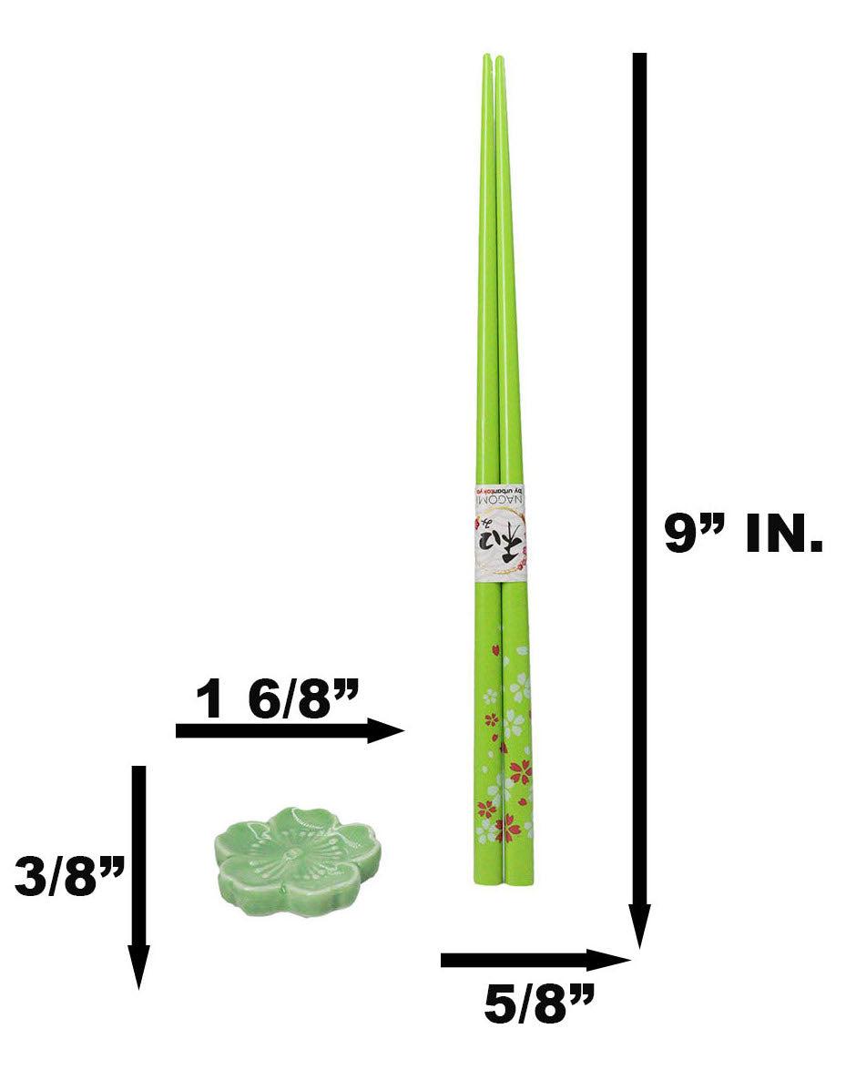 5 Pairs Of Sakura Cherry Blossoms Ceramic Rests With Wooden Chopsticks Set