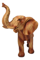 Safari Lucky Elephant Rustic Faux Wood Carved Resin Sculpture With Raised Trunk