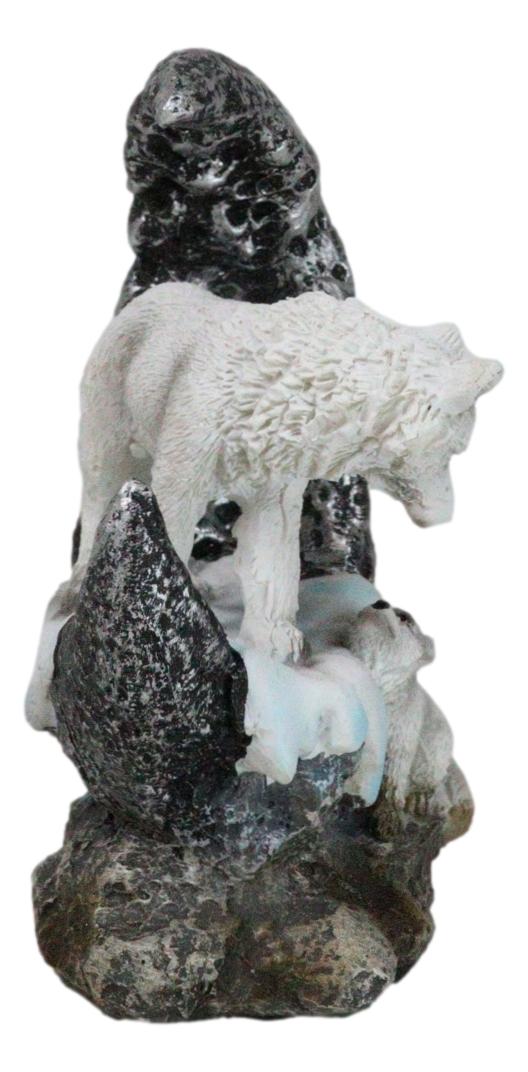 Winter Snow White Wolf Mother With Pup By Snowy Crater Crescent Moon Figurine