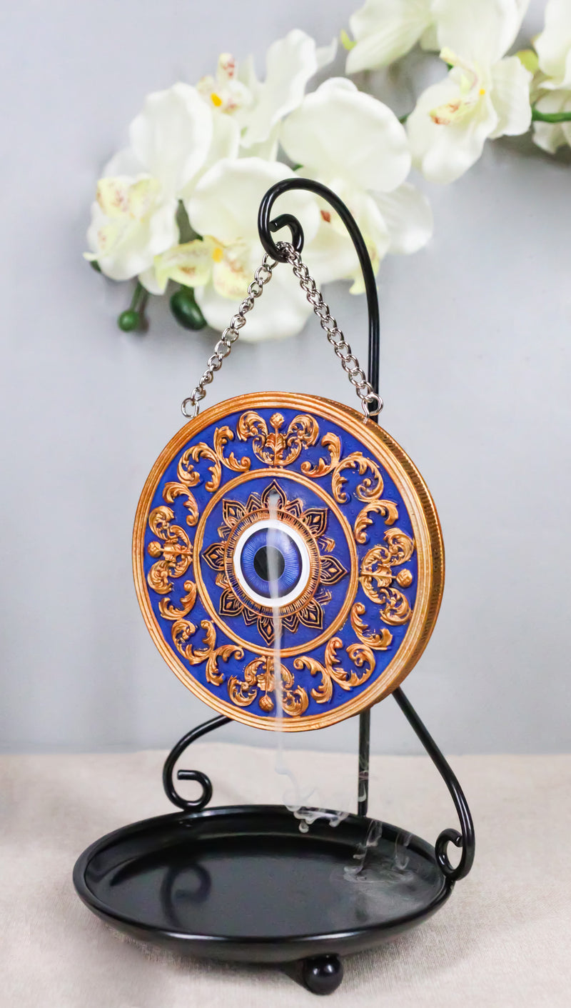 Evil Eye with Mandala Floral Scroll Round Medallion Backflow Incense Cone Burner
