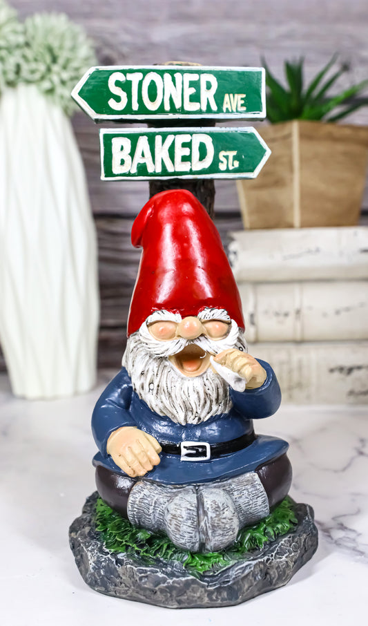 Mr Gnome Dwarf Stoner Smoking Stash Sitting By 'High' Way Crossroads Figurine