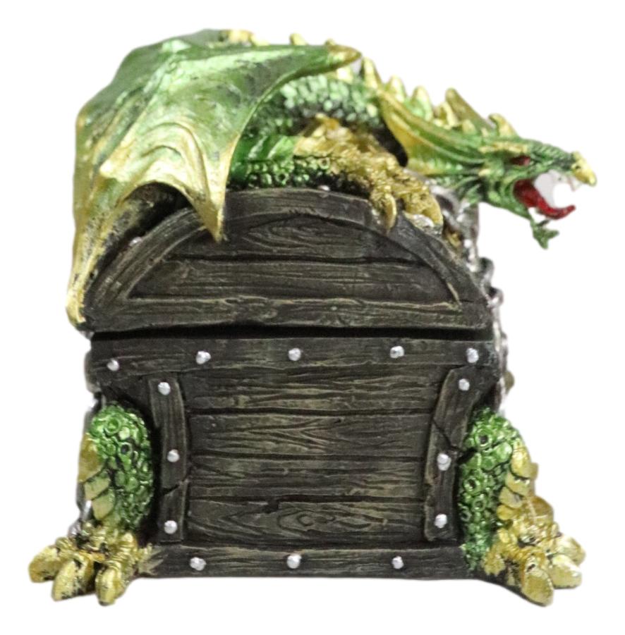 Gold Green Treasure Dragon Guarding Pirate Chest Decorative Jewelry Trinket Box - Ebros Gift