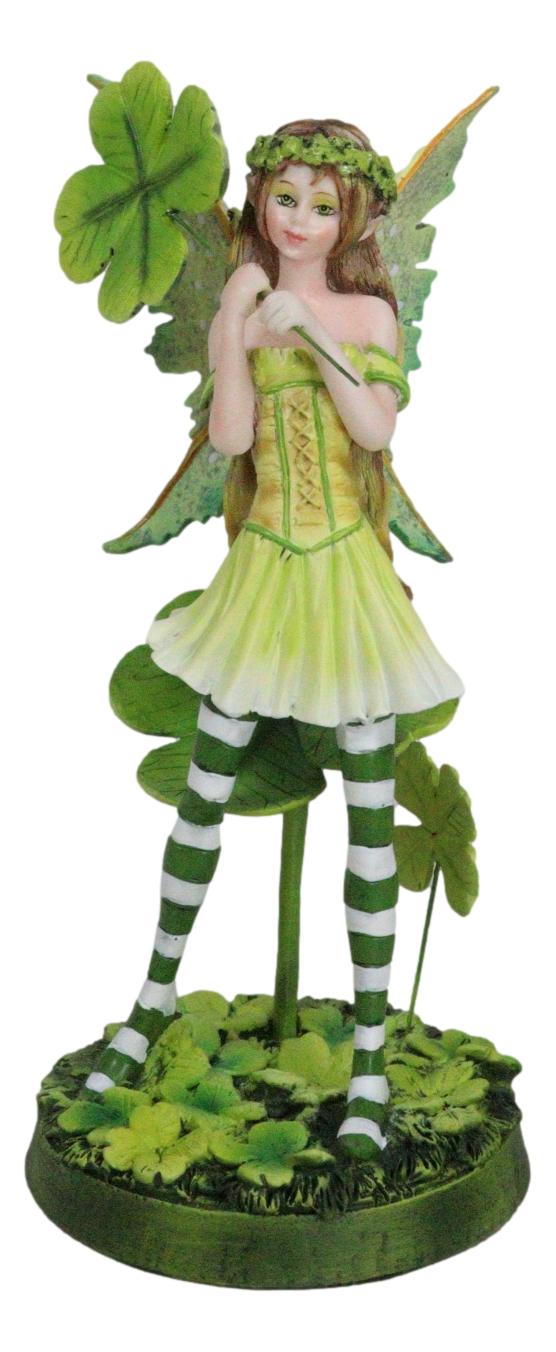 Green Shamrock Lucky Clovers Spring Garden Fairy With Striped Leggings Figurine