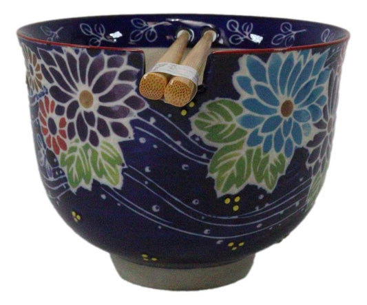 Purple Colorful Flowers In Wind Ceramic Donburi Ramen Bowl With Chopsticks Set