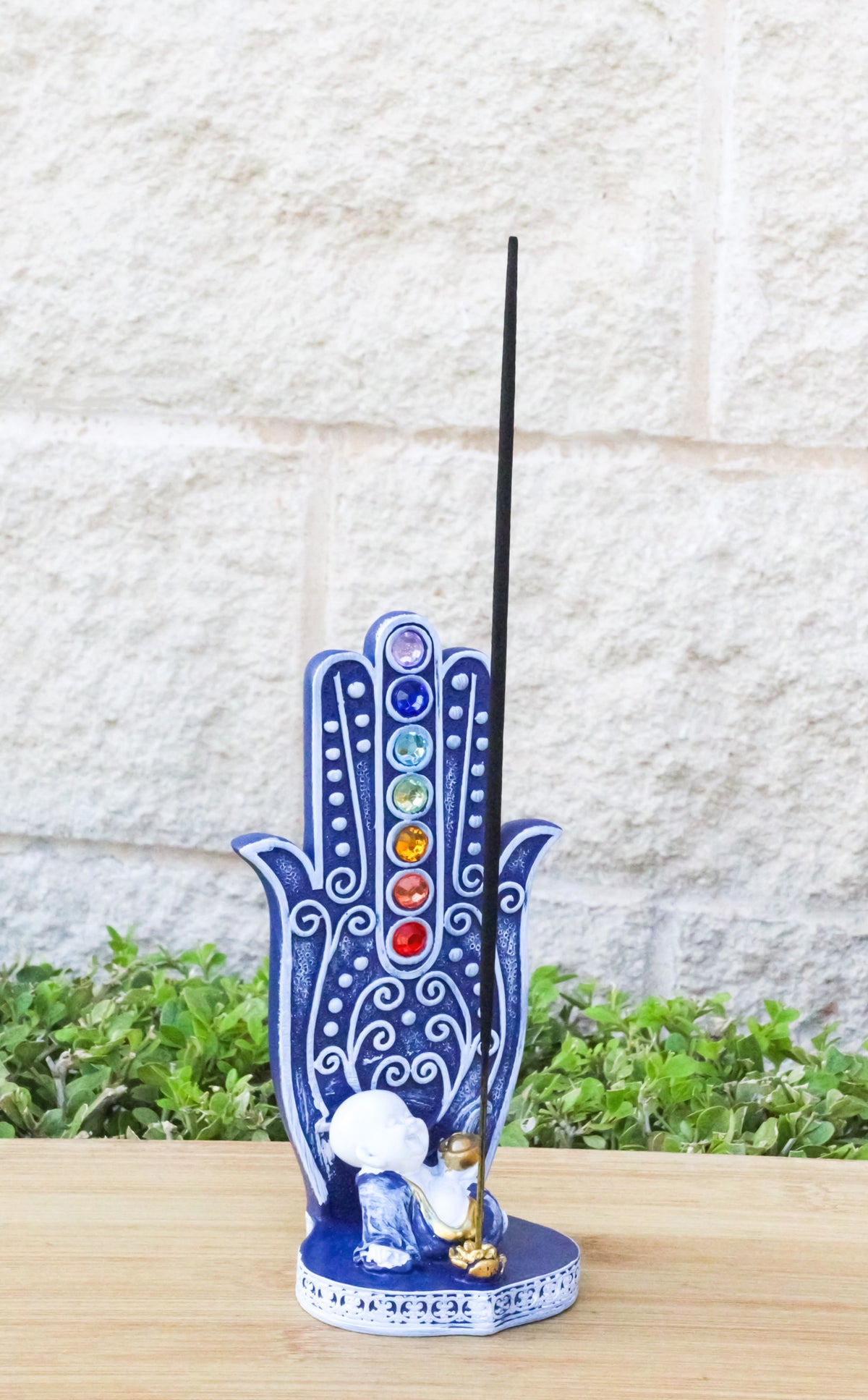 Ebros Blue Buddha Monk Hamsa Hand 7 Chakra Gemstone Incense Burner 6"H