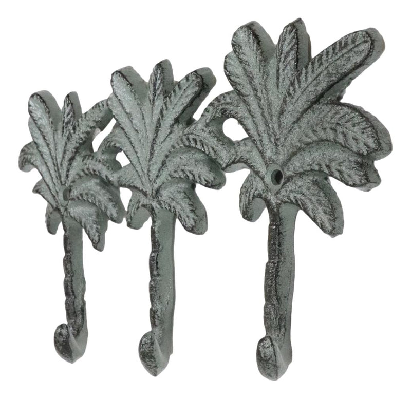 Pack Of 2 Cast Iron Verdigris Beach Coconut Palm Trees Triple Wall Key Hooks