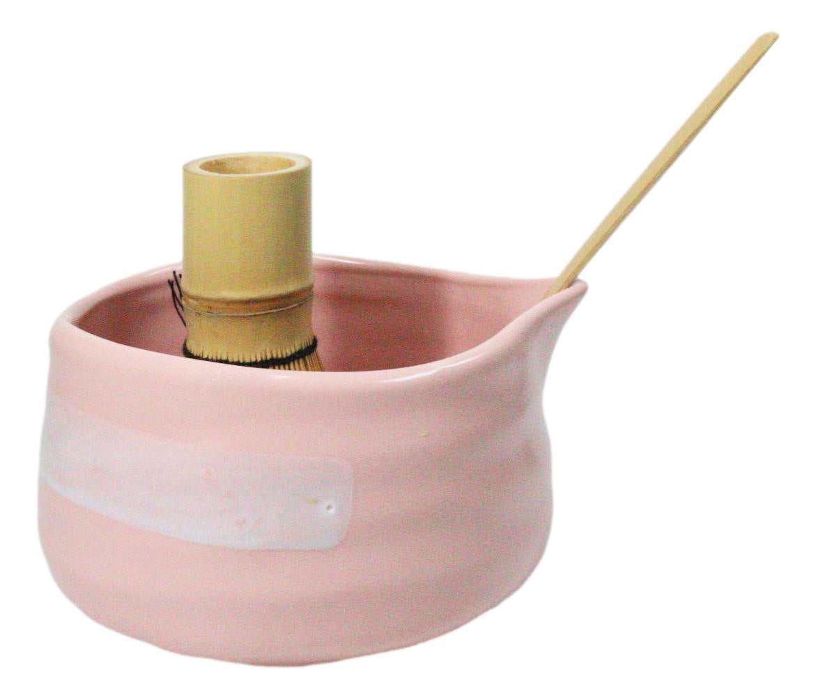 Pink White Brushstroke Ceramic Japanese Matcha Green Tea Bowl Whisk & Scoop Set