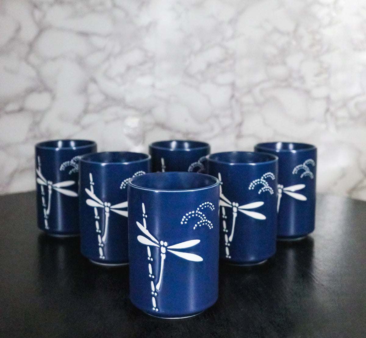 Blue Dragonfly Yunomi Japanese Tea Cups Set of 6 Reactive Glaze Ceramic 10 oz