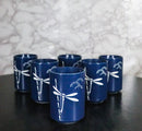 Blue Dragonfly Yunomi Japanese Tea Cups Set of 6 Reactive Glaze Ceramic 10 oz