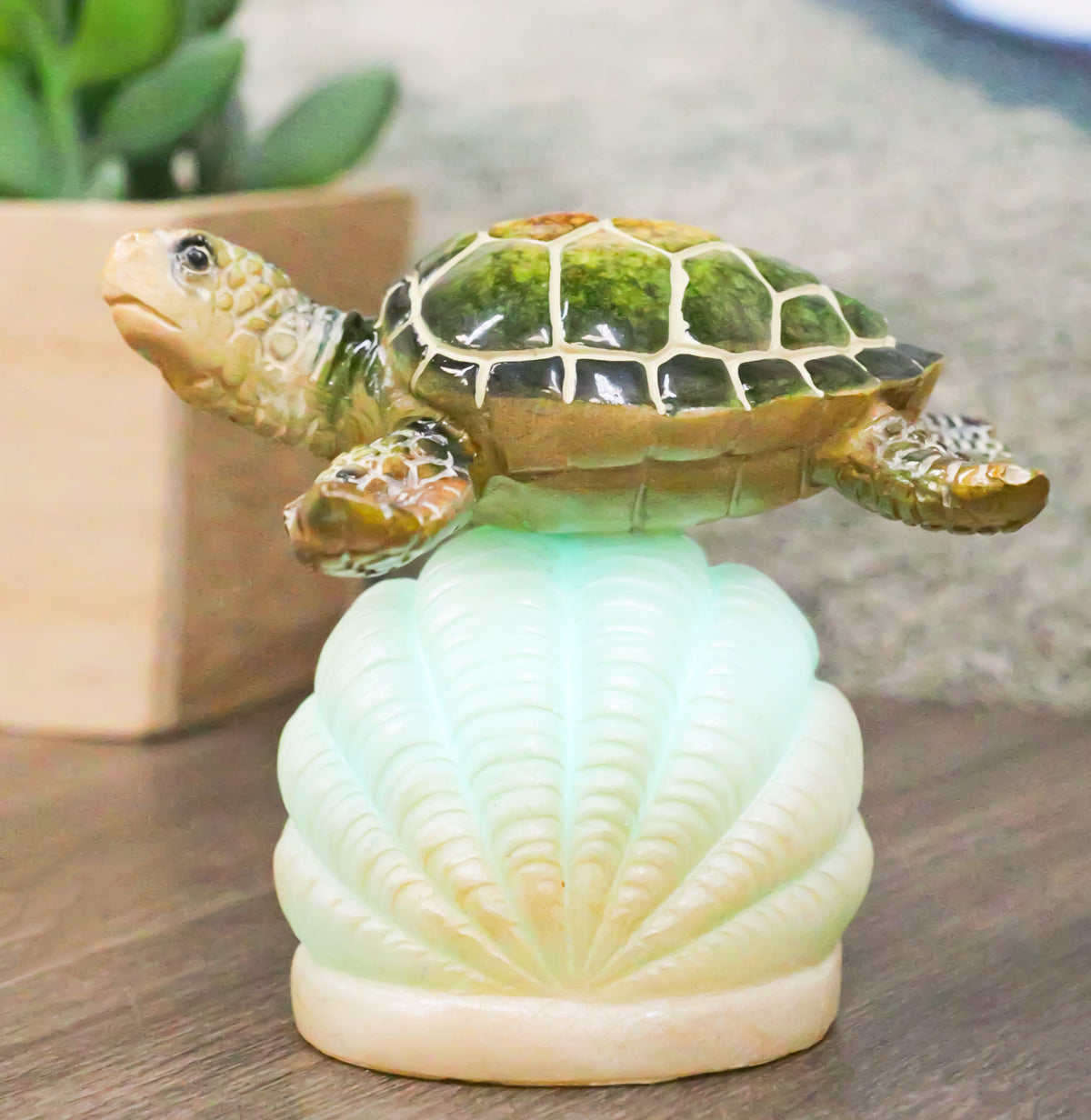 Ocean Marine Green Giant Sea Turtle Swimming Over LED Light Clam Shell Figurine