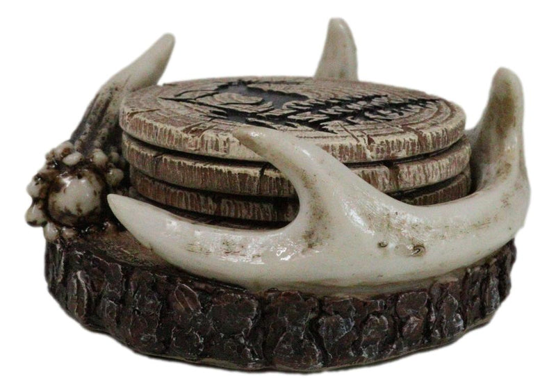 Rustic Western Forest Deer Antlers With Tree Rings Coasters And Holder Set