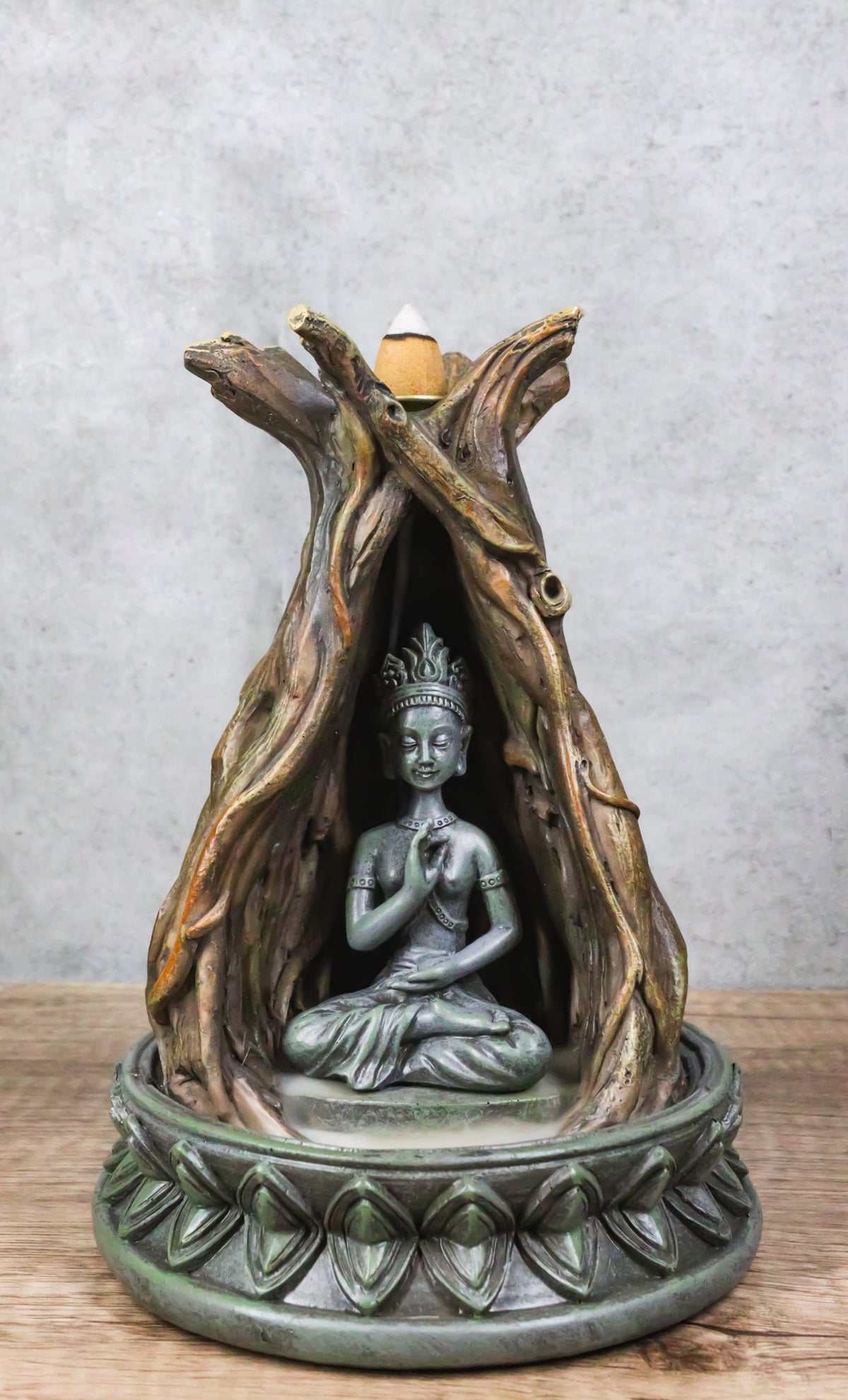 Amitabha Buddha Meditating Inside Tree Trunk Backflow Incense Burner Figurine