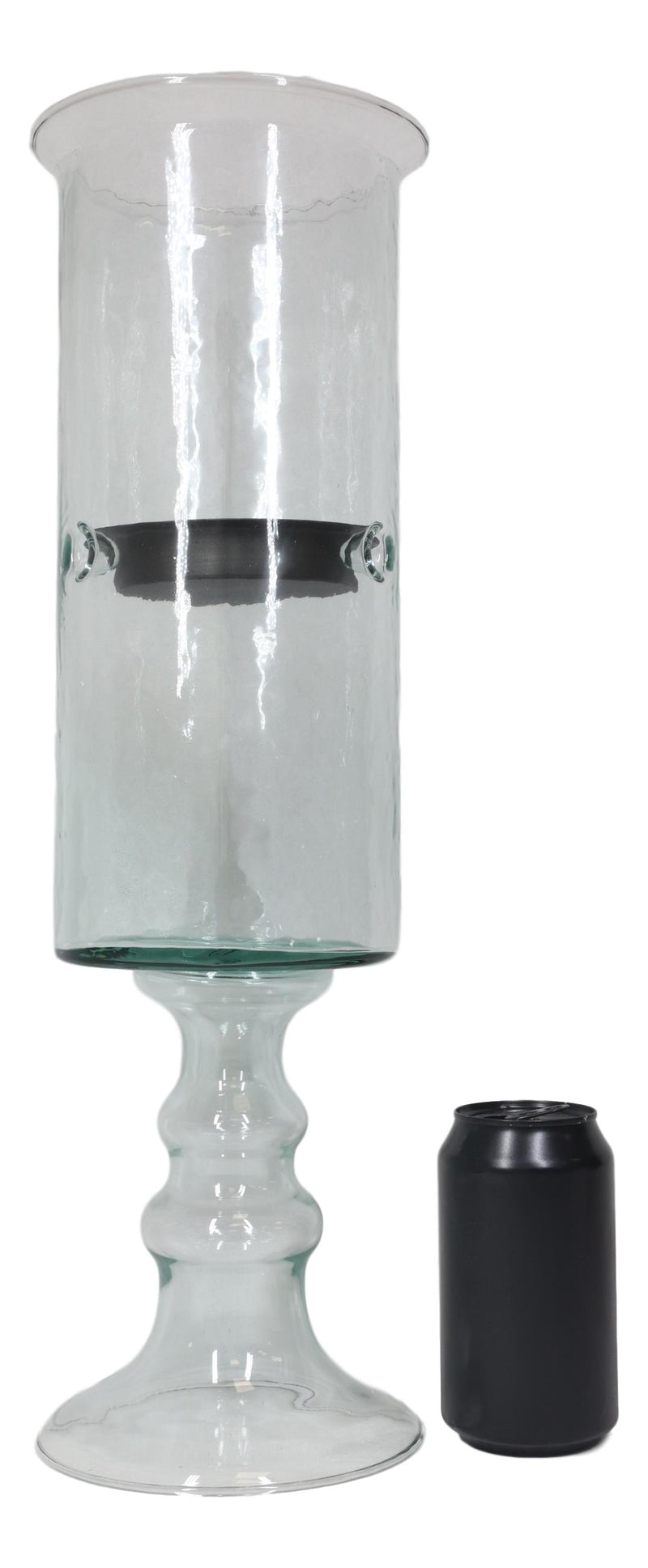 Contemporary Ribbed Cylinder Glass Pillar Candle Holder On Pedestal Stand 17"H