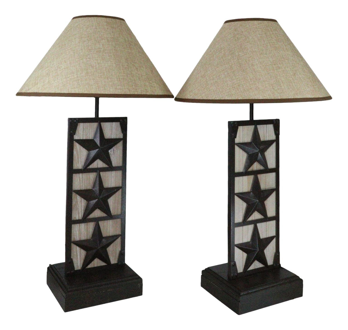 Set of 2 Rustic Western Triple Lone Stars Wood And Metal Bedside Table Lamps