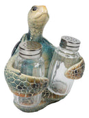Marine Blue Shell Sea Turtle Hugging Glass Salt Pepper Shakers Holder Figurine