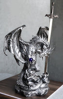 Stone Grey Dragon Holding Blue Orb and Drake Skull Sword Letter Opener Figurine