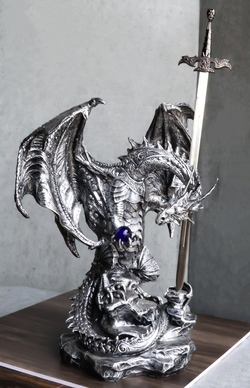 Stone Grey Dragon Holding Blue Orb and Drake Skull Sword Letter Opener Figurine
