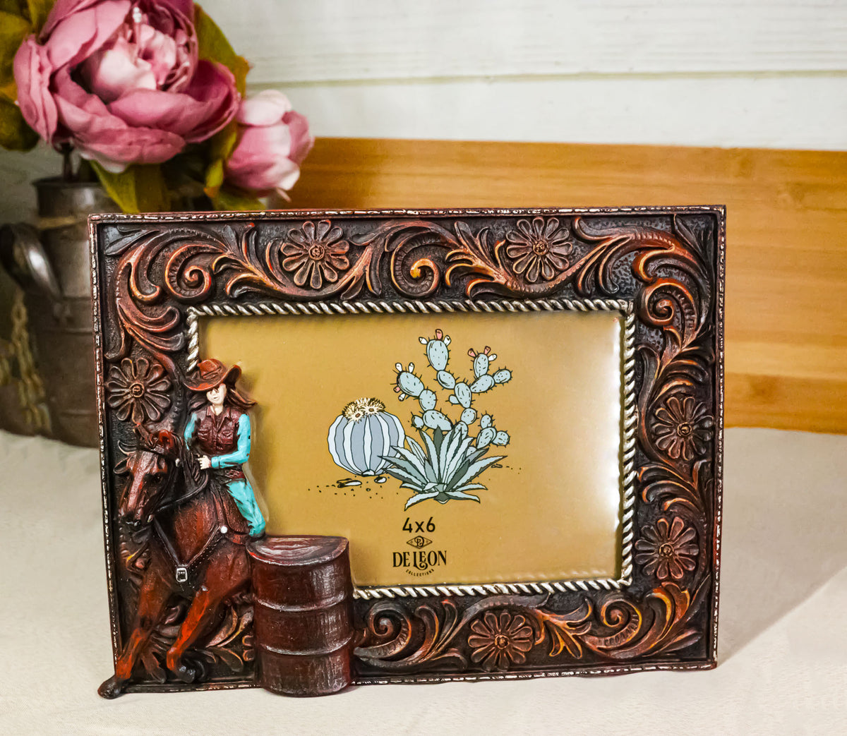Western Country Cowgirl On Horse Barrel Racer 6X4 Easel Desktop Photo Frame