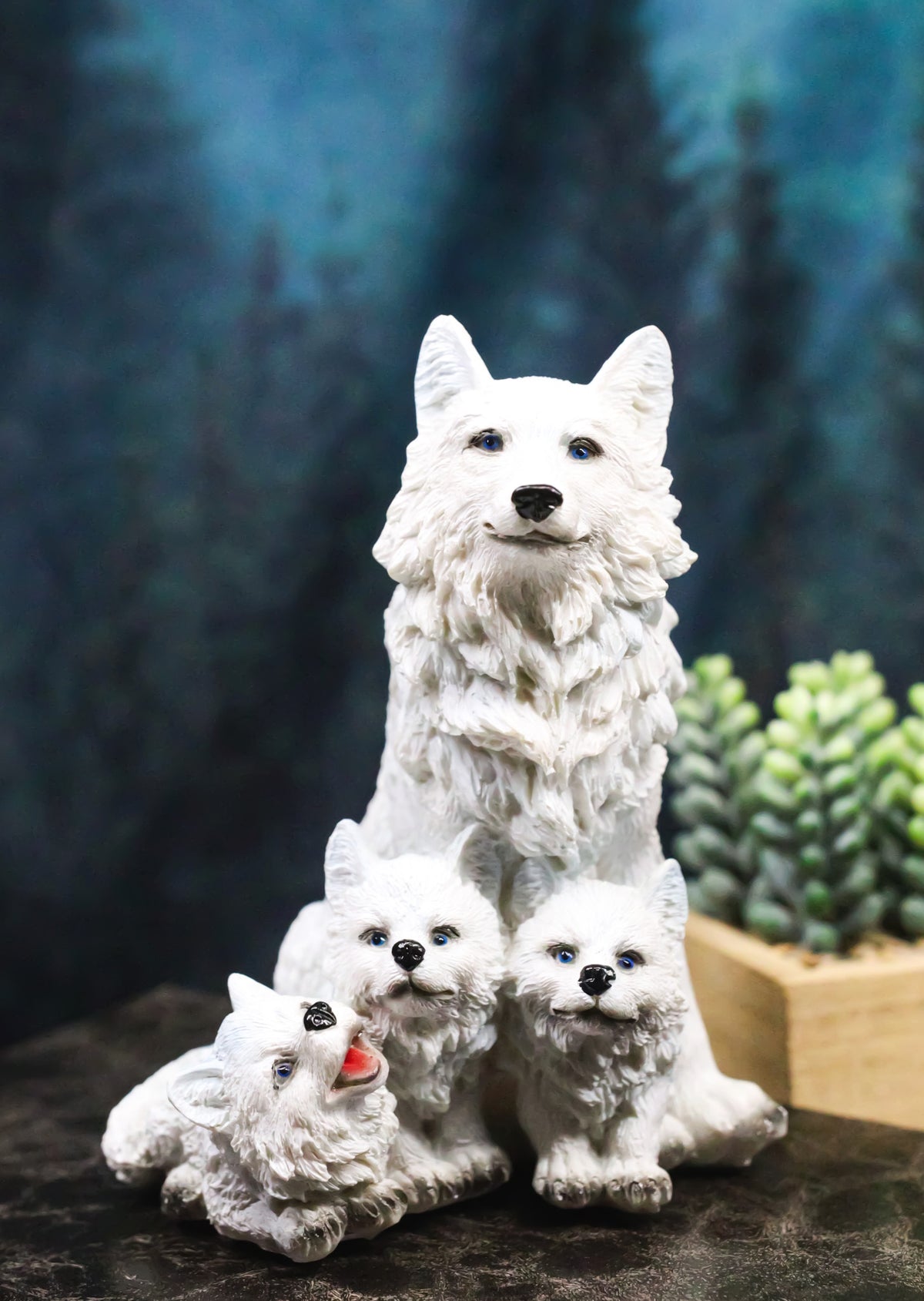 Winter Snow White Wolf Mother Sitting with 3 Adorable Cubs Family Figurine Decor