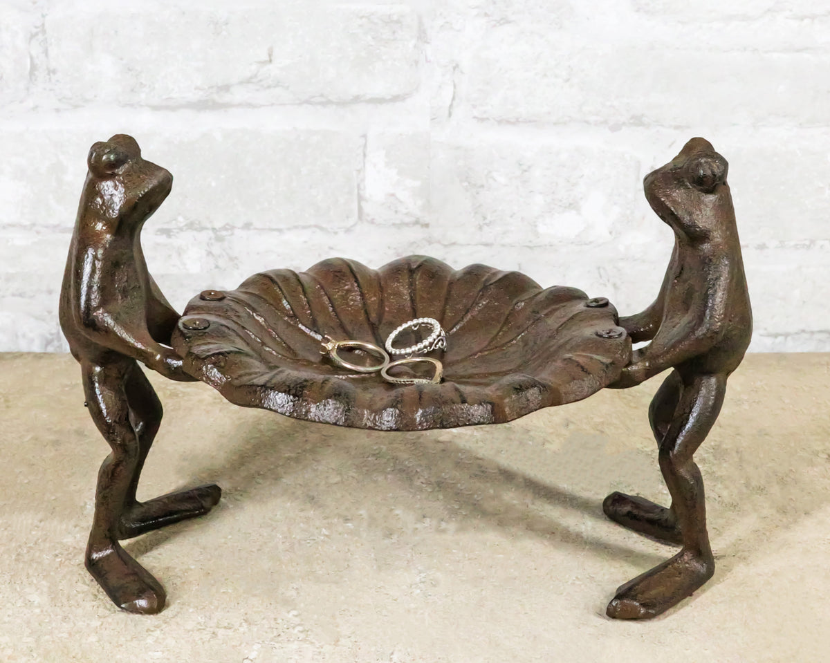 Cast Iron 2 Toad Frogs With Waterlily Lily Pad Bird Feeder Bath Garden Figurine - Ebros Gift