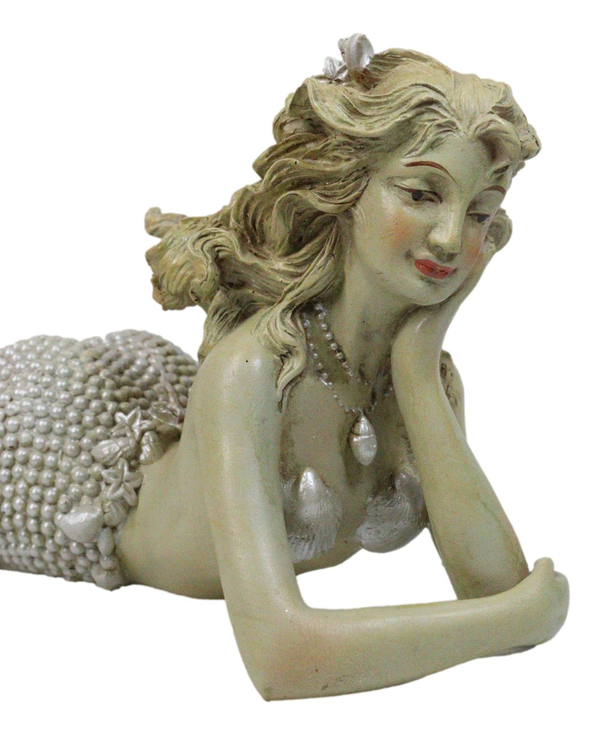 Nautical Marine Vintaged Pearly Mermaid Lying On Belly Daydreaming Figurine 13"L