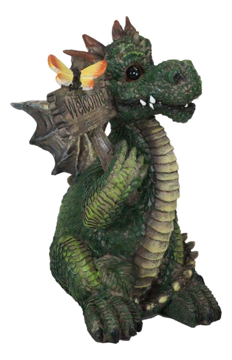 Whimsical Green Garden Dragon With Butterfly With Welcome Plank Sign Figurine