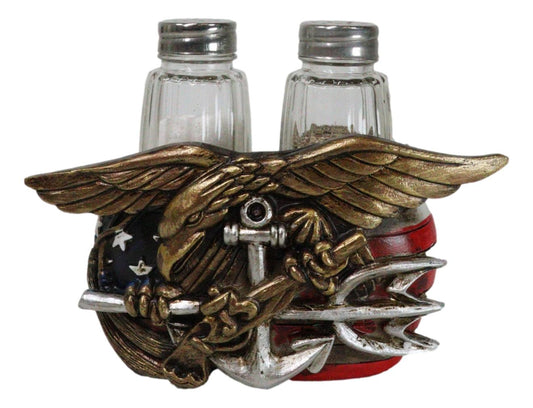 US Navy Sailor Eagle Anchor Trident Emblem And Flag Salt Pepper Shakers Holder