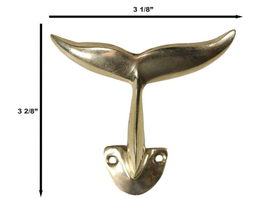 Set of 2 Brass Gold Nautical Sea Baleen Blue Whale Tail Wall Coat Hook Hangers - Ebros Gift