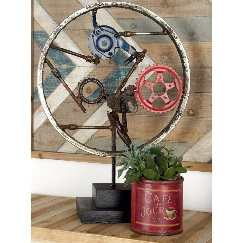 Rustic Grey Metal Industrial Geared Clockwork Steampunk Wheel Sculpture W/ Base