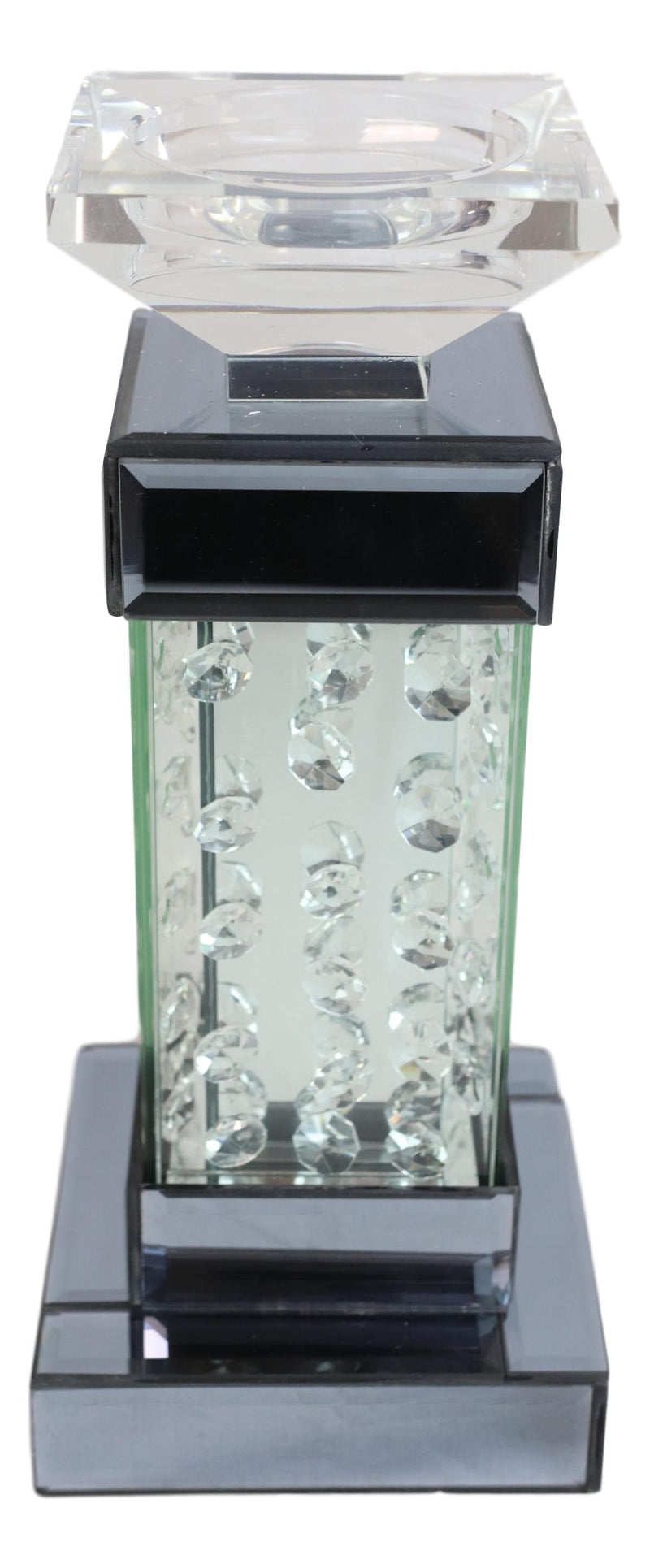 Modern Chic Beveled Floating Crystals Glass and Metal Pillar Candle Holder 11"H