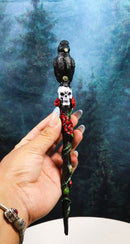 Fantasy Raven Crow Perching On White Skull with Rose Vines Decorative Magic Wand