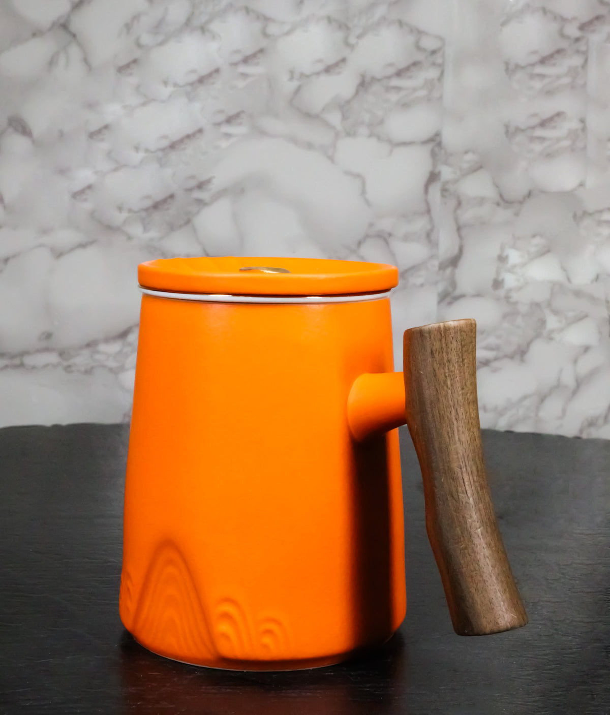 Orange 15 Oz Chic Porcelain Tea Mug with Wooden Handle, Lid and Infuser