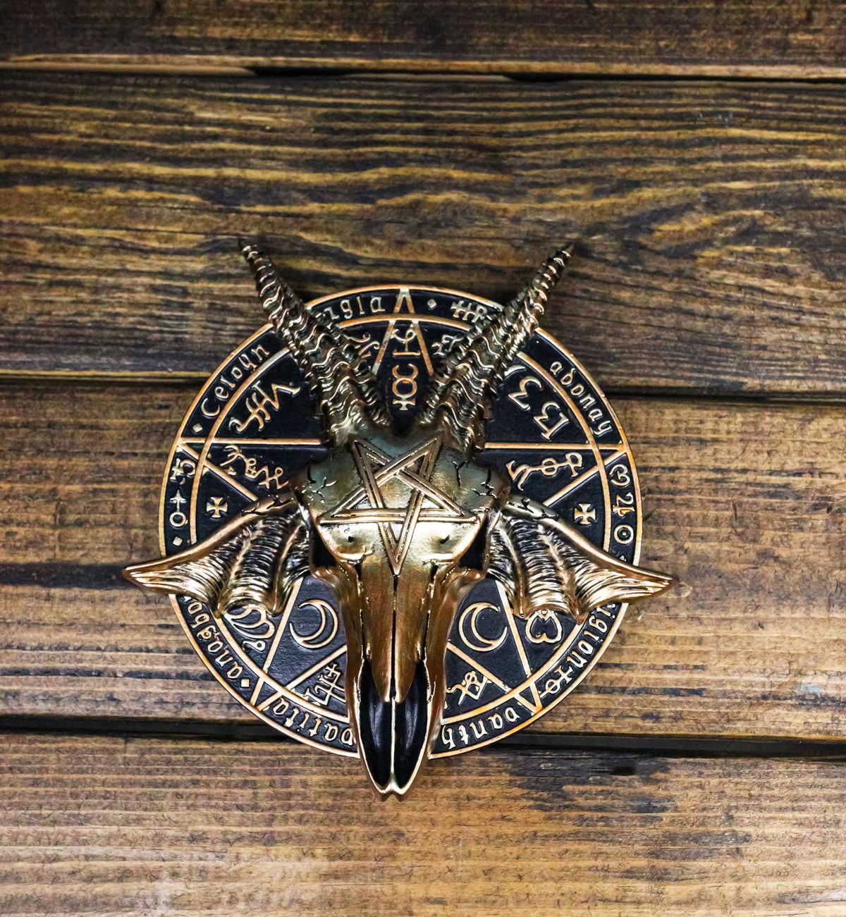 Pentagram Sabbatic Goat Baphomet Masque Ornament On Pole Stand Or Wall Sculpture