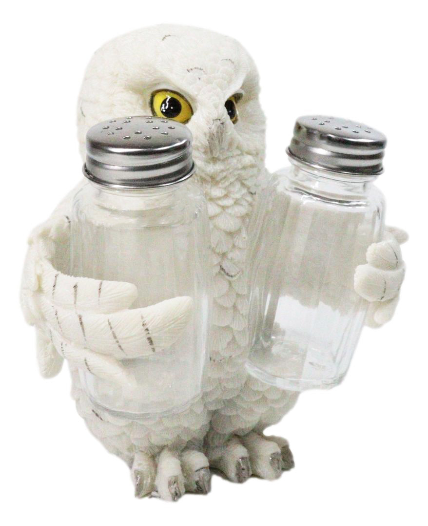 Wisdom Of The Woods Snowy White Owl Salt and Pepper Shakers Holder Set 5.5"H