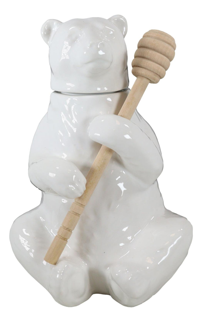 White Ceramic Forest Black Bear Wooden Bamboo Dipper Stick Honey Pot Jar Set