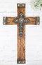 Rustic Western Faux Wood Grain With Layered Silver Scroll Crystals Wall Cross