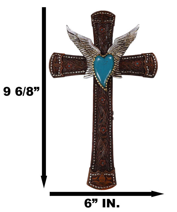 Western Boho Chic Turquoise Heart Angel Wings Tooled Floral Leather Wall Cross - Ebros Gift