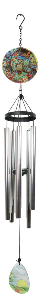 Mystical Great Horned Owl Colorful Art Glass Hanging Wind Chime With Metal Rods