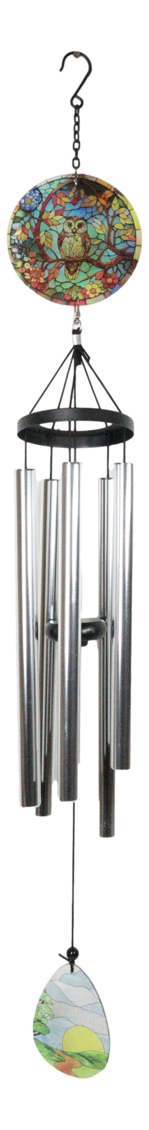 Mystical Great Horned Owl Colorful Art Glass Hanging Wind Chime With Metal Rods