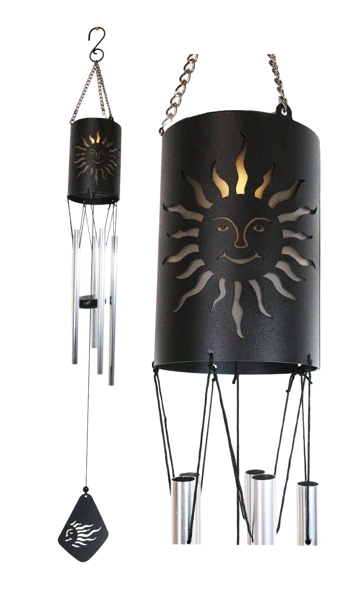 Belenos Sun God Cylindrical Steel Metal Filigree Hanging Solar Wind Chime