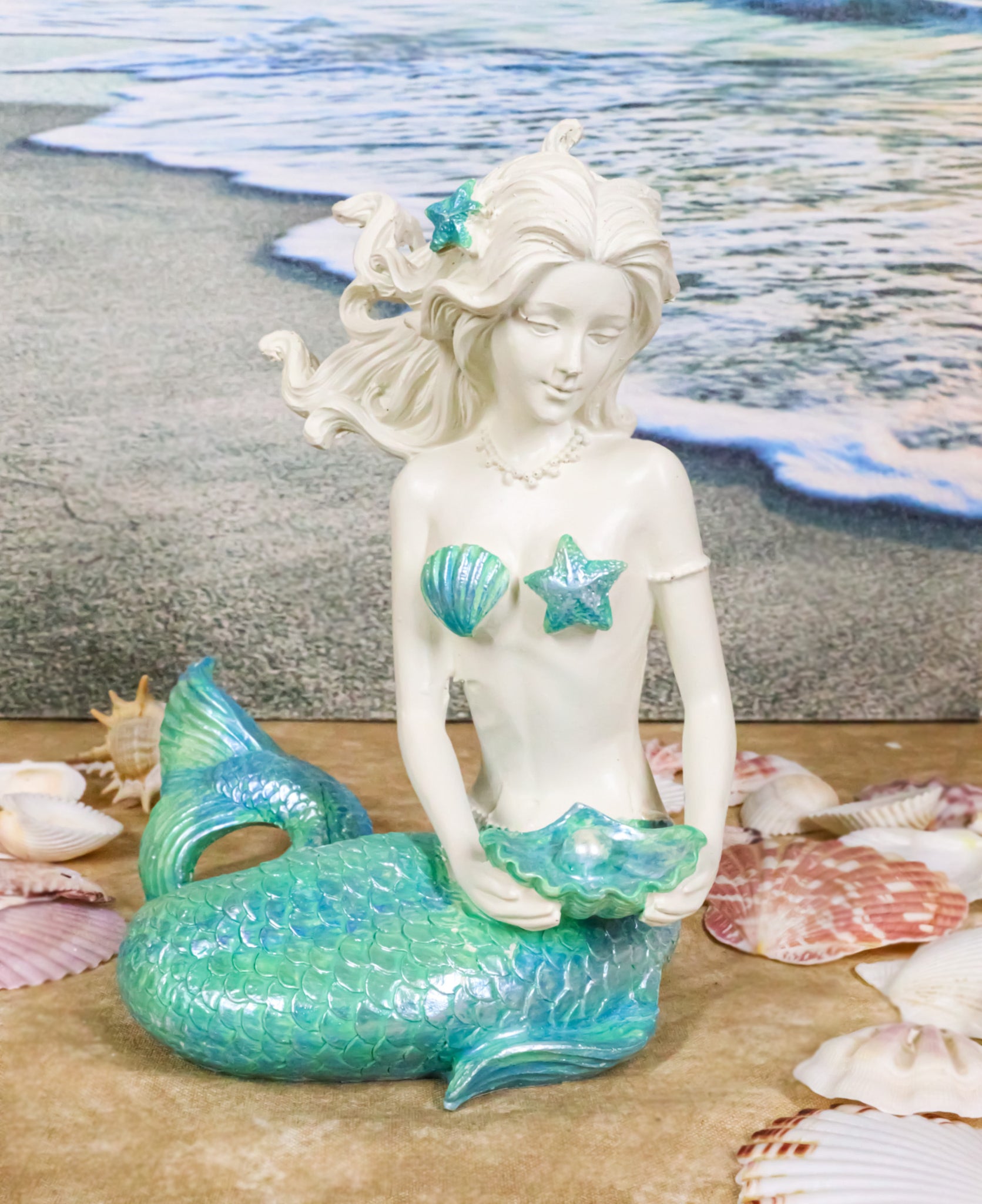 Nautical Aqua Capiz Blue Tailed Mermaid Holding Pearl In Clam