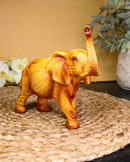 Safari Lucky Elephant Rustic Faux Wood Carved Resin Sculpture With Raised Trunk
