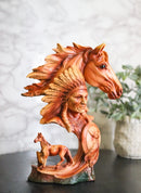 Faux Wood Horse & Native American Chief Figurine Western Tribal Headdress