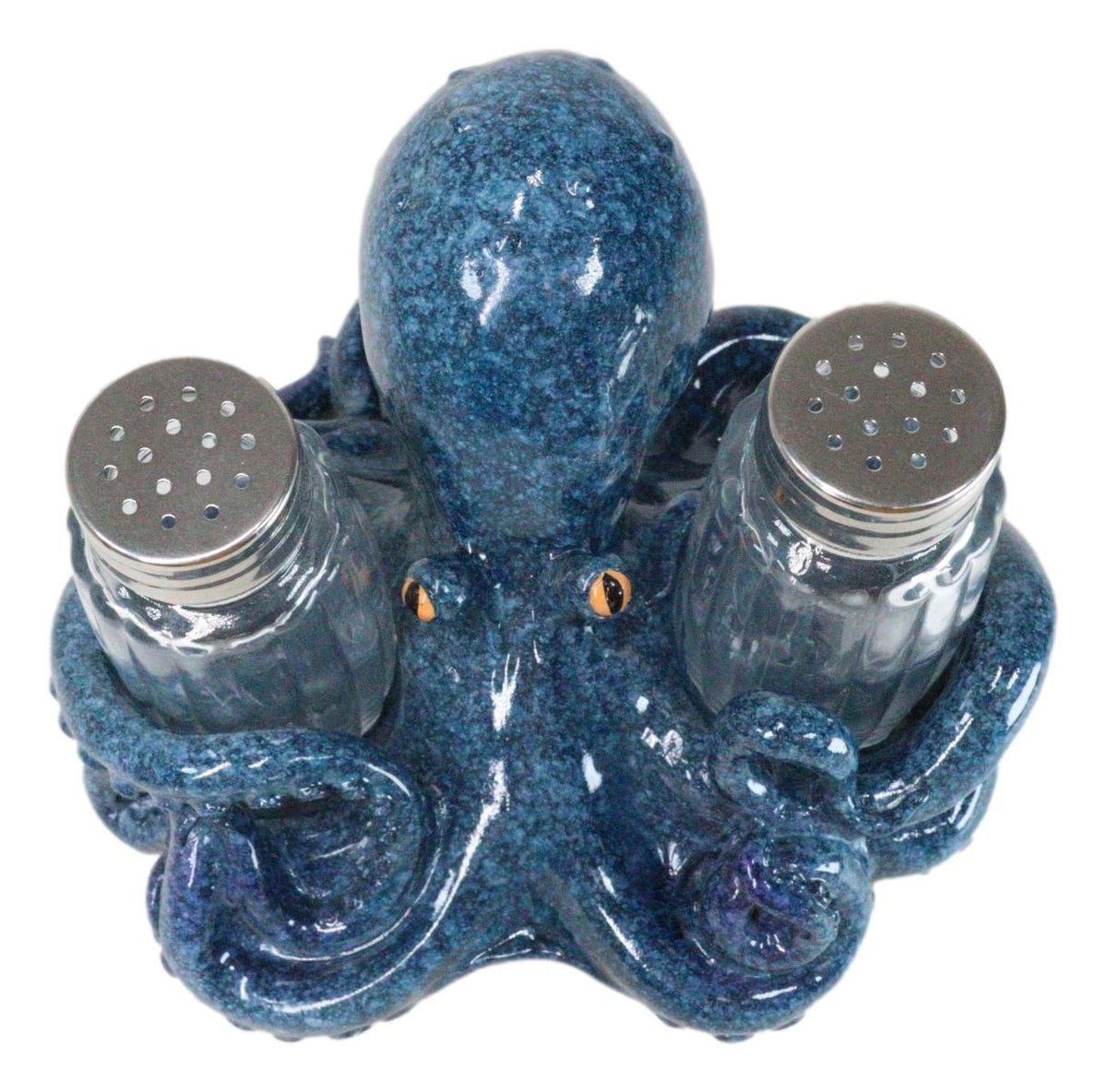 Onyx Blue Nautical Marine Cephalopod Octopus Salt Pepper Shakers Holder Set
