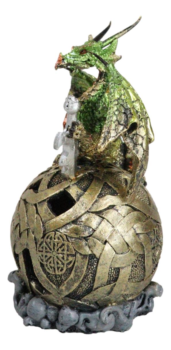 Metallic Green Treasure Dragon Perching On Colorful LED Orb Night Light Figurine