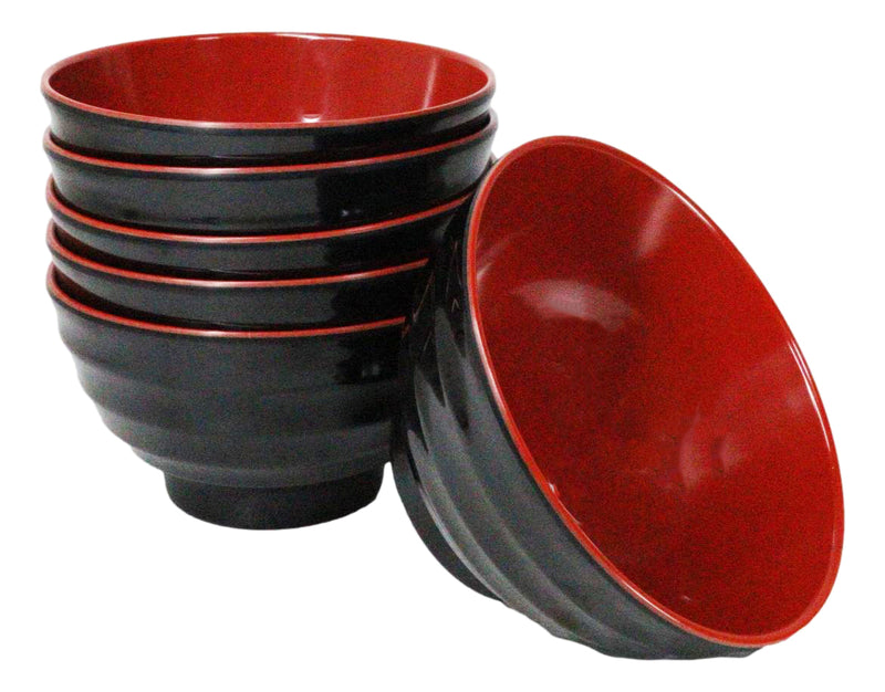 Set Of 6 Red And Black Round Ridged Body Soup Salad Rice Melamine Bowls 6.5"D