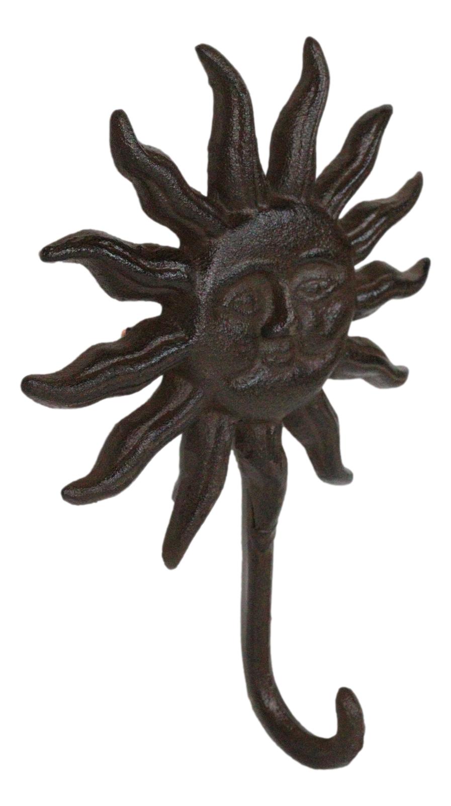 Pack Of 2 Rustic Cast Iron Belenos Helios Radiant Sun God Wall Hook Sculptures